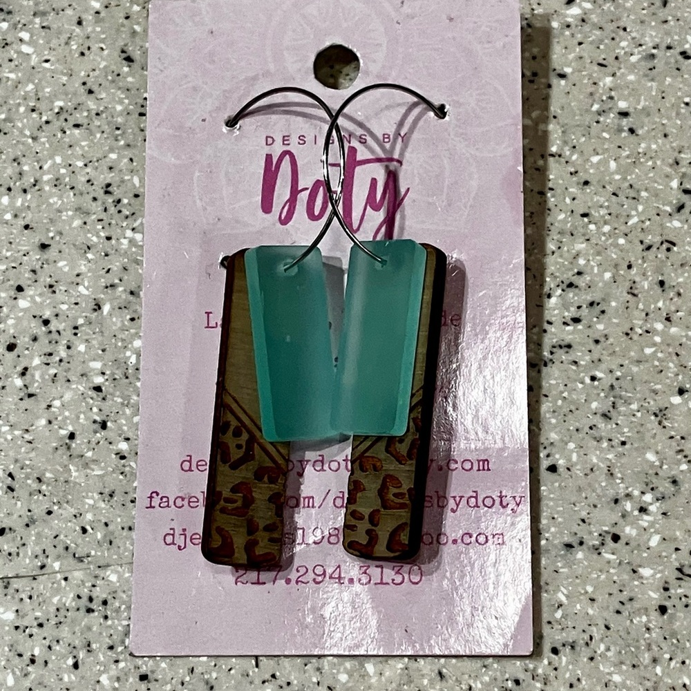 Hand-Made Teal and Wood Pattern Earrings